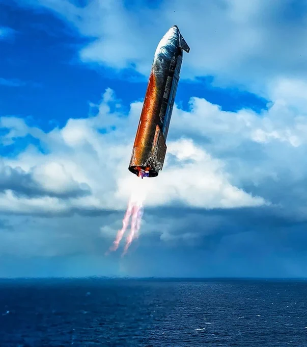 SpaceX’s Starship just before splashdown on Flight 10. The vehicle’s discoloration is due in part to testing of its thermal protection system. Credit: SpaceX