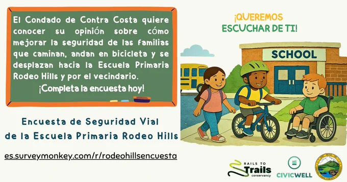 Tres niños caminando a la escuela. El texto dice:  Encuesta de Seguridad Vial de la Escuela Primaria Rodeo Hills. es.surveymonkey.com/r/rodeohillsencuesta. El Condado de Contra Costa quiere conocer su opinión sobre cómo mejorar la seguridad de las familias que caminan, andan en bicileta y se despiazan hacia la Escuela Primaria Rodeo Hills y por el vecindario. ¡Completa la encuesta hoy!