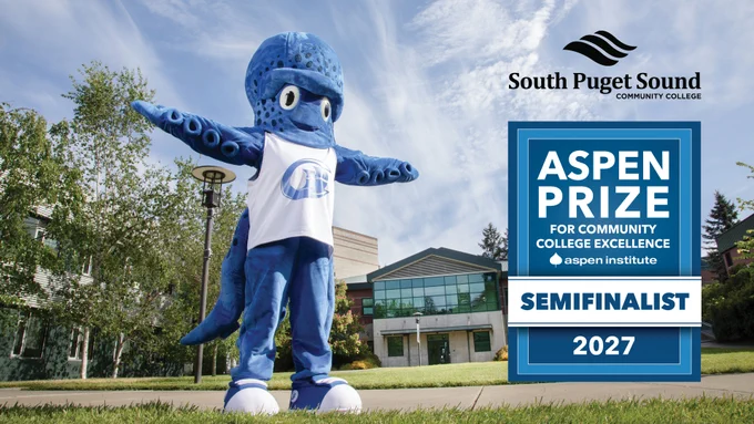 Percy the Kraken next to a badge that reads "Aspen Prize for Community College Excellence Semifinalist"