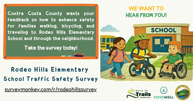 Three kids commuting to school. Text reads, "Rodeo Hills Elementary School Traffic Safety Survey. surveymonkey.com/r/rodeohillssurvey. Contra Costa County wants your feedback on how to enhance safety for families walking, bicycling, and traveling to Rodeo Hills Elementary School and through the neighborhood. Take the survey today!"