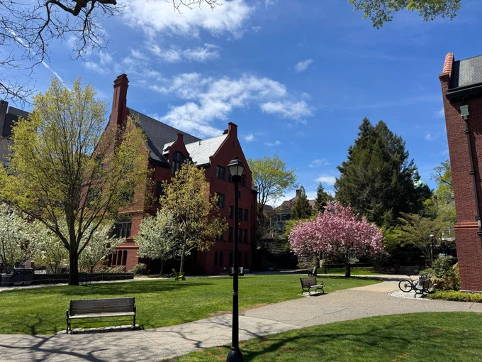 Picture of Brown University campus brick buildings with trees in bloom