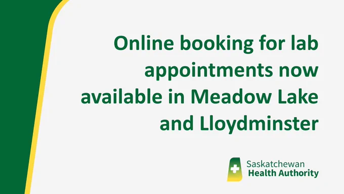 Graphic with text: Online booking for lab appointments now available in Meadow Lake and Lloydminster