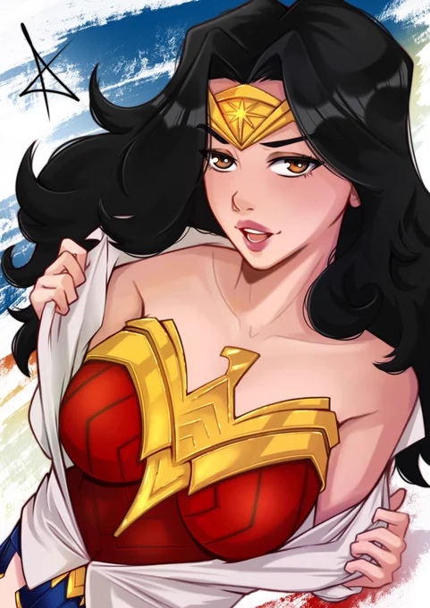 A cute fanart of Wonder Woman, in the classic pose of Clark Kent removing his shirt, revealing the classic Wonder Woman outfit.