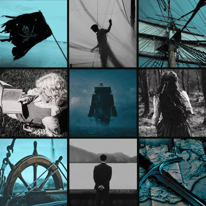 A mood board for our querying novel, THE SIREN'S CALL. There are 9 quares in a 3x3 format. The images in the corners and centre are a brighr shade of blue, while the others are greyscale. From top left to bottom right the images include:

A pirate flag.
A man silhouetted in front of a sail, holding onto rigging on a ship.
Sails and rigging.
A blond boy reading a book.
A black ship ominously heading towards camera.
A brown haired girl with her back to camera.
A wheel on a ship.
A male figure in a suit with their back to camera.
A map and sword.