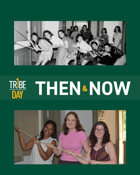 William & Mary One Tribe One Day Then & Now graphic image comparing students in the past ringing the Wren Bell to students who rang the bell last week from the W&M School of Education.