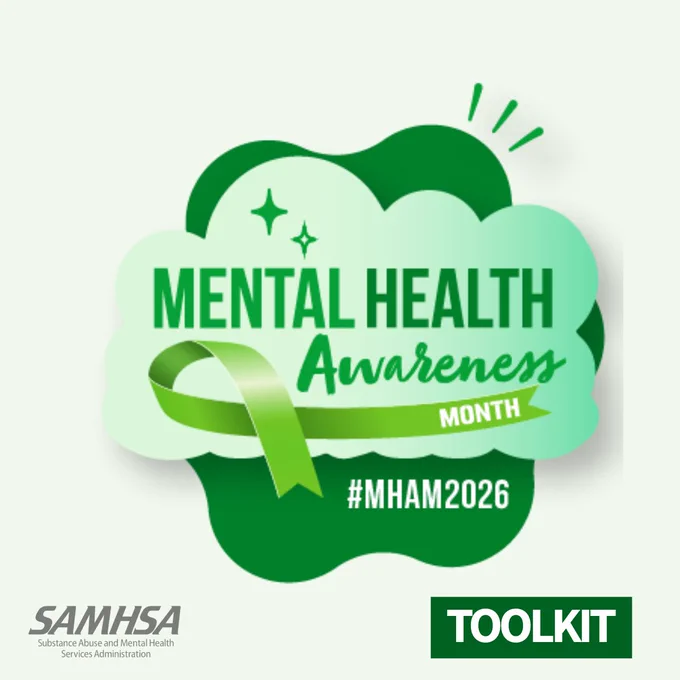 Green badge with "Mental Health Awareness Month" and "#MHAM2026" on it. Includes a green ribbon. SAMHSA logo and the word "Toolkit" are also present.