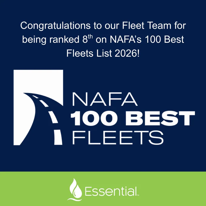 Dark blue background with white text reading “Congratulations to our Fleet Team for being ranked eight on NAFA’s Hundred Best Fleets List 2026!” Underneath is the Best 100 Fleets logo. At the bottom is a light green rectangle with a white Essential logo in the middle.