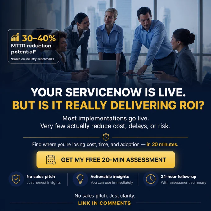 Your ServiceNow is live.

But is it actually delivering ROI?

Most implementations go live —
very few reduce cost, delays, or MTTR.

We’re doing quick 20-min reviews to identify value gaps.

https://mjbtech.com/contact?utm_source=twitter&utm_medium=social&utm_campaign=canada_servicenow_lead&utm_content=twitter_post

#ServiceNow #ITSM #CIO