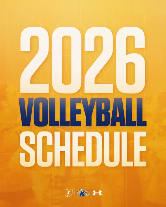 2026 Volleyball Schedule poster featuring logos for Kent State, the Mid-American Conference, and Under Armour on an orange background.