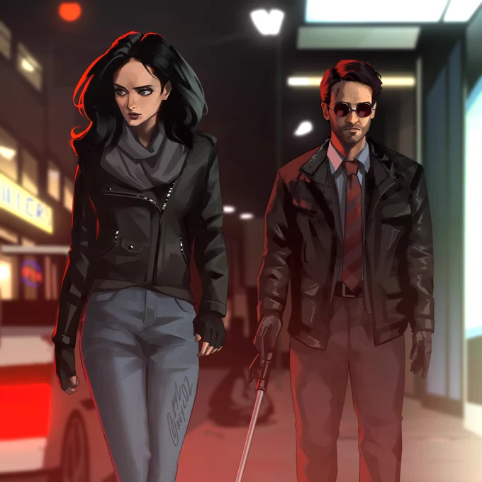 Jessica Jones and Matt Murdock walk the streets of New York City.