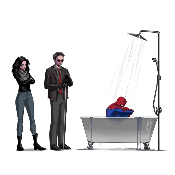 Matt and Jess find Spider-Man crying in a bathtub.