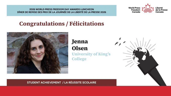 Alt text (English):
Graphic from the World Press Freedom Canada 2026 awards. The slide features the WPFC branding and the heading “Congratulations / Félicitations,” followed by “Student Achievement / La réussite scolaire,” recognizing the student award category. Clean, formal design consistent with an awards presentation.

Alt text (French):
Graphique de remise des prix 2026 de Journalistes canadiens pour la liberté d’expression. La diapositive présente l’image de marque et le titre « Congratulations / Félicitations », suivi de « Student Achievement / La réussite scolaire », soulignant la catégorie du prix étudiant. Design sobre et formel, typique d’une cérémonie de remise de prix.