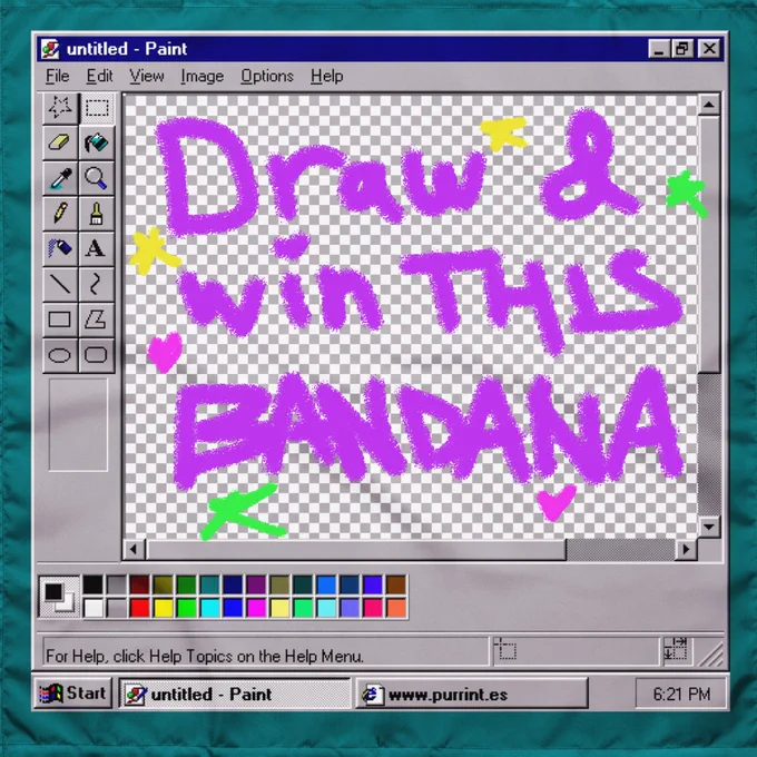 MSPaint window style bandana with text drawn on top "Draw & win THIS BANDANA"