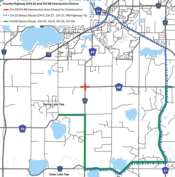 A map depicting the area affected by the closure of County Highway 23 (Panama Avenue) and County Highway 68 (190th Street East) in Spring Lake Township as of Monday, May 4.  