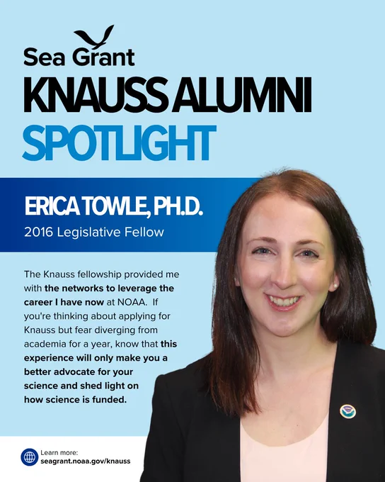 A Sea Grant "Knauss Alumni Spotlight" card for Erica Towle, Ph.D., a 2016 Legislative Fellow. The card features a professional headshot of Erica smiling, wearing a black blazer with a NOAA pin.

The text reads: "The Knauss fellowship provided me with the networks to leverage the career I have now at NOAA. If you're thinking about applying for Knauss but fear diverging from academia for a year, know that this experience will only make you a better advocate for your science and shed light on how science is funded."

Link at bottom: seagrant.noaa.gov/knauss