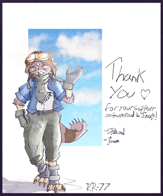 Bird character posing against a square of blue, cloudy sky backdrop. Text besides them reads "Thank you for your support on Gumroad & Jinxxy!". Two signatures bellow that spell "-SpecOwl" and "-Vance". 