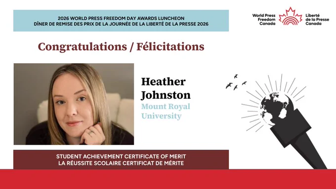 A graphic features the WPFC branding and the heading “Congratulations / Félicitations,” to Heather Johnson from Mount Royal University followed by “Student Achievement Certificate of Merit/ La réussite scolaire certificat de merite,” recognizing the student award category. 