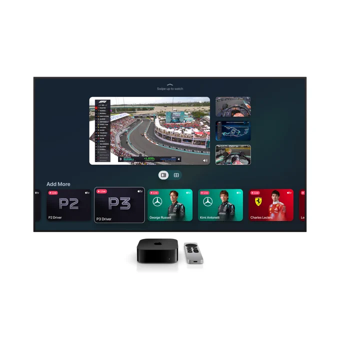 A TV showing a live Formula 1 race on Apple TV with multiple race views displayed at once, with an Apple TV 4K device and Apple TV remote below.