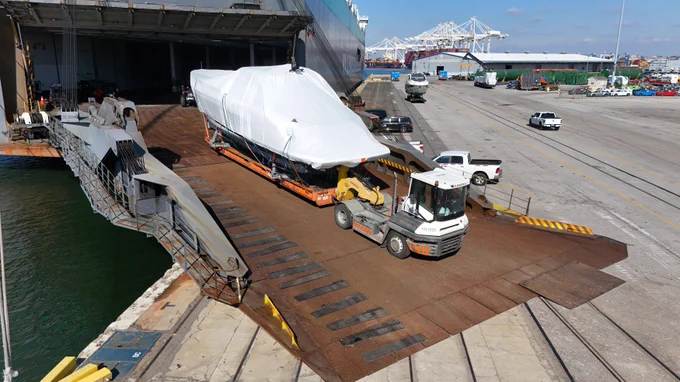 A piece of oversized cargo is transported down a ship’s ramp at the Port of Baltimore's Dundalk Marine Terminal.