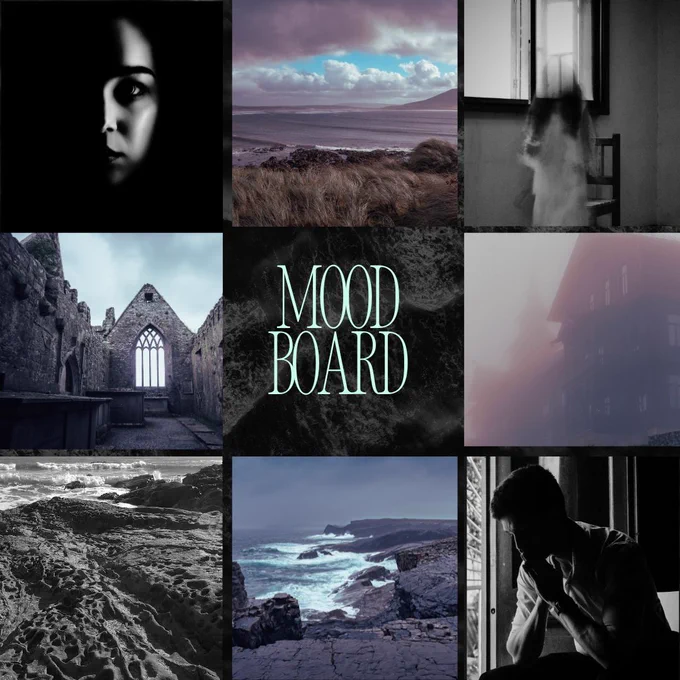 Mood board: images of a woman, a man, the ocean, a ghost, a spooky house and an old crumbling building and. The Irish coast