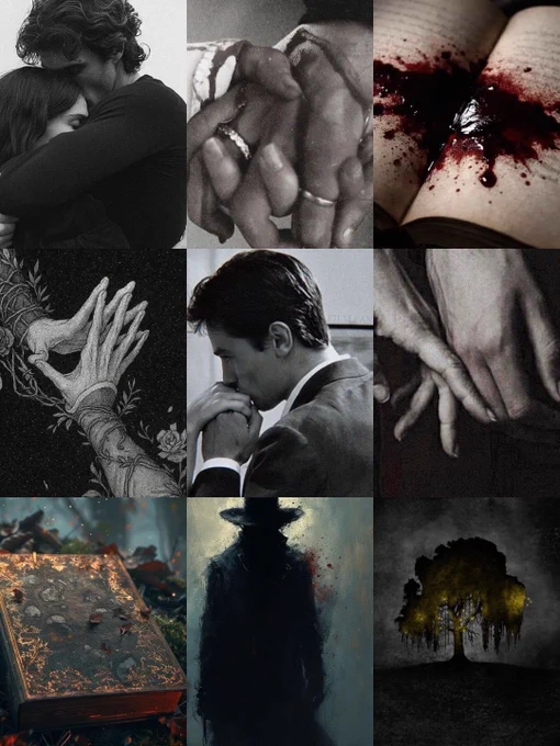 Gothic mood board with pictures of willow, spell book, shadow man, fingers touching, hands bound together dripping blood, blood on old weathered paper, man kissing hand, man and women hugging