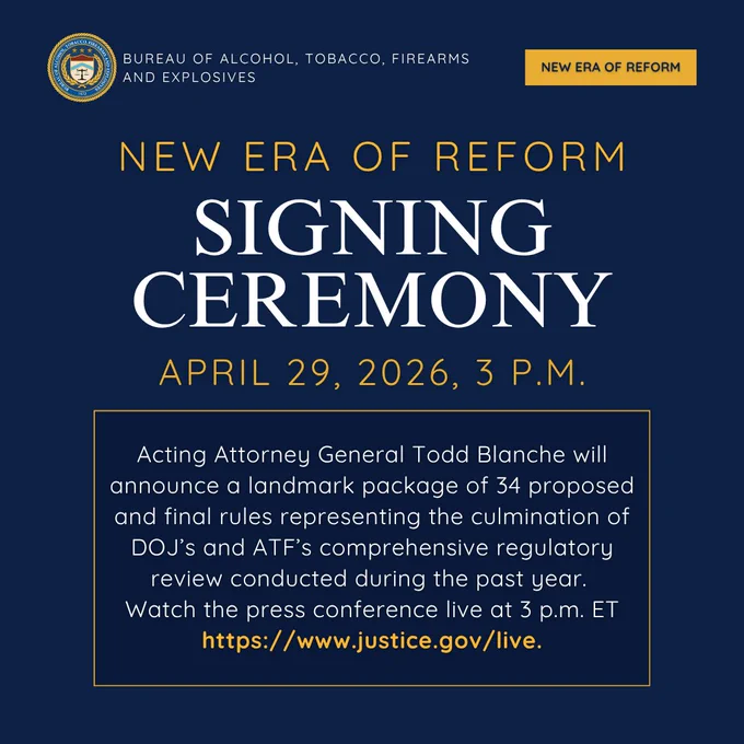 Acting Attorney General Todd Blanche will announce a landmark package of 34 proposed and final rules representing the culmination of DOJ’s and ATF’s comprehensive regulatory review conducted during the past year. Watch the press conference live at 3 p.m. ET https://www.justice.gov/live.