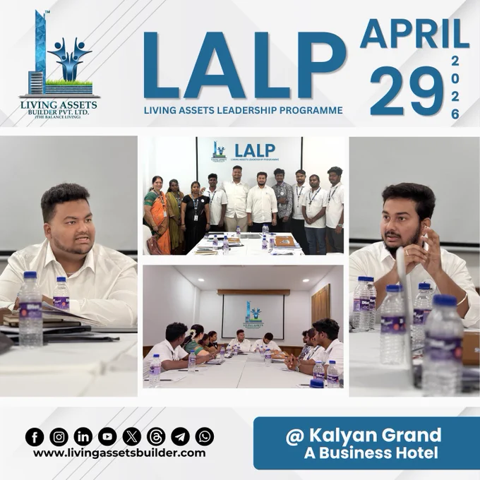 LALP 2026 team conference photo — Living Assets Builder 
Pvt Ltd leadership meeting at Kalyan Grand Chennai, 
April 29 2026.