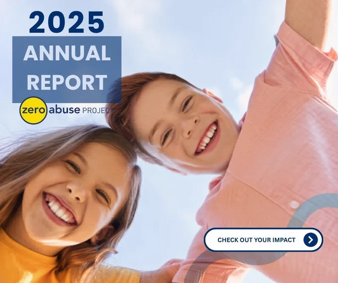 2025 annual report image with zero abuse project logo and two kids smiling in the background. 