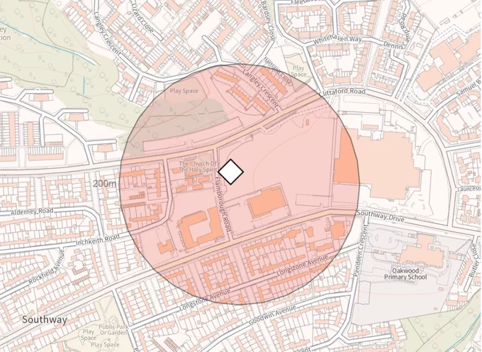 Map showing Southway. A circular area is marked, encompassing nearby streets.