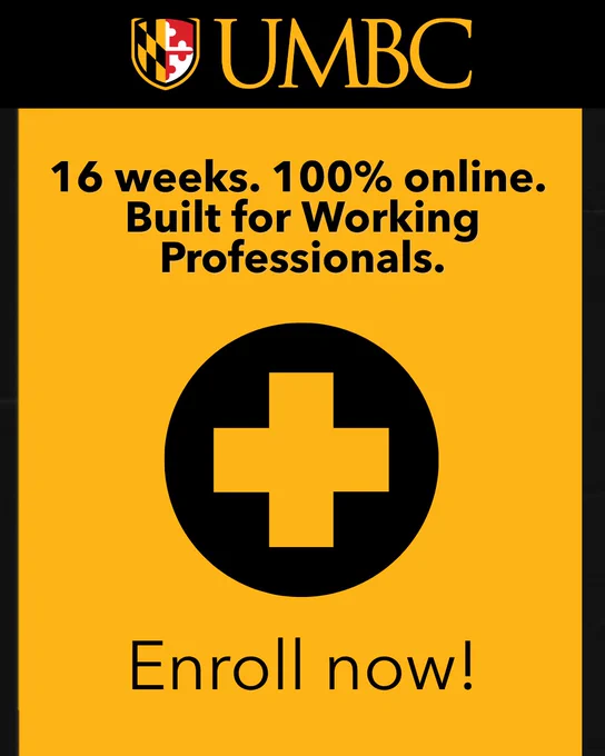  Text reads: “16 weeks. 100% online. Built for working professionals. Enroll now →” on a clean, professional background.