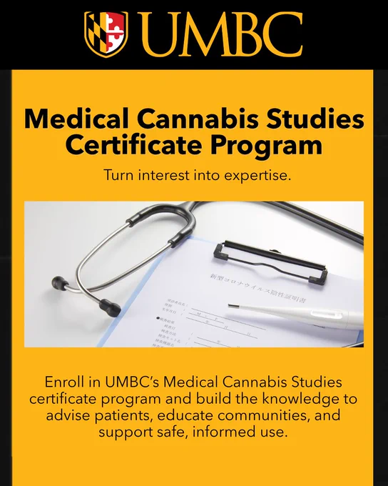 Text reads: “Turn interest into expertise. Medical Cannabis Studies Certificate Program.” Includes bullet points: advise patients, educate communities, support safe use.