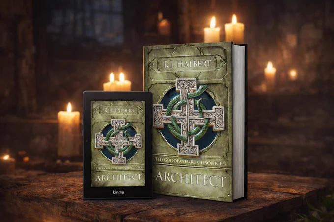 Image of the cover art for Architect, book 3 of The Goodpasture Chronicles with candles pictured in the background. The cover art pictured is green with ancient symbol and snake in center.