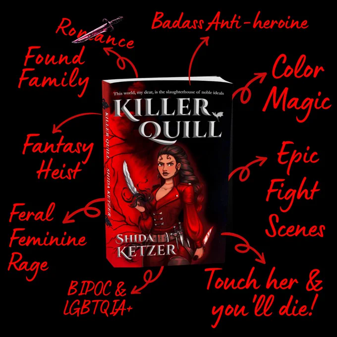 An awesome book cover (trust me!)
Killer Quill by Shida Ketzer   

Themes & tropes: 
crossed out "Romance", replaced with "Found Family," 
Badass Anti-heroine 
Color Magic 
Epic Fight Scenes 
Touch her & you'll die! 
Fantasy Heist 
Feral Feminine Rage 
BIPOC & LGBTQIA 