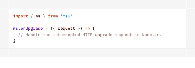 Code snippet shows an import statement for a WebSocket library and a callback function handling HTTP to WebSocket upgrades in Node.js.