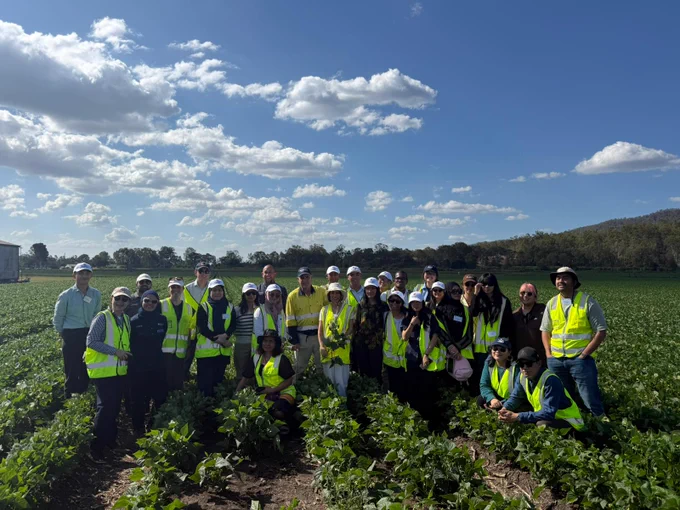 Group smiling in a green bean field wearing high visibility vests and hats. 