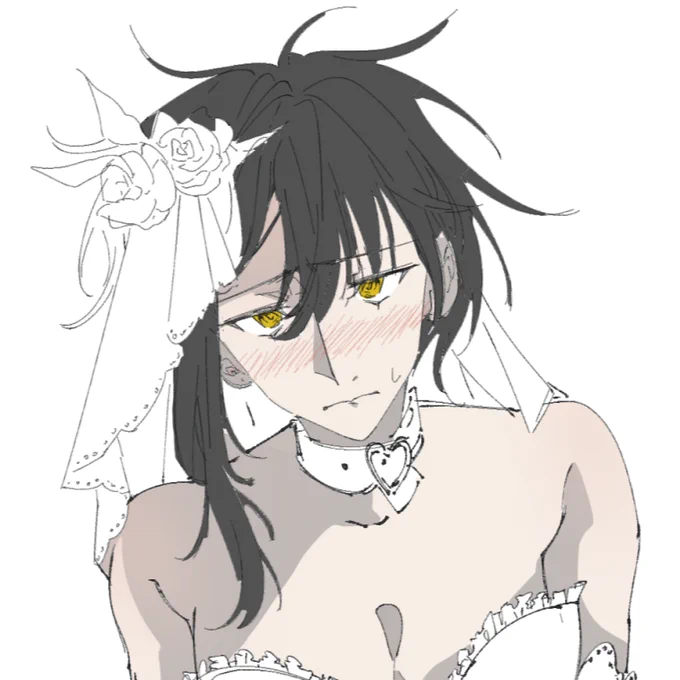 Anime character with black hair and yellow eyes, wearing a white bridal outfit with a rose headpiece and choker. He has a blushing, shy expression.