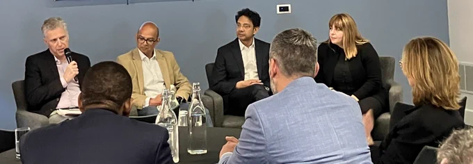 Donn Rubin, BioSTL talks healthcare innovation with reps from UK Dept for Business & Trade and Health Innovation Network South London. 