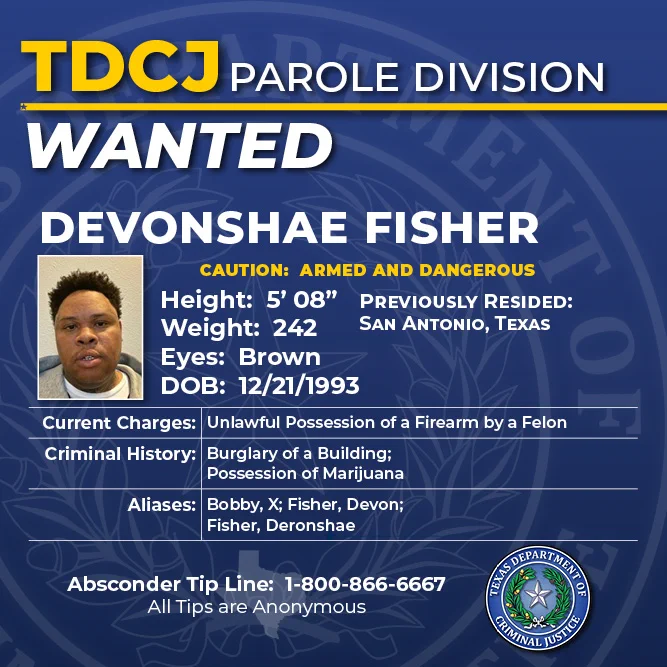 TDCJ has issued a warrant for the arrest of Devonshae Fisher for failure to comply with his supervision.

Got information? Call 1-800-866-6667
