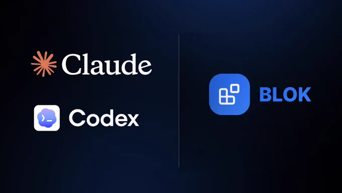 Side-by-side comparison graphic on a dark navy background. On the left: the Claude AI logo (orange asterisk icon with the word 'Claude') and the Codex logo (blue terminal icon with the word 'Codex'). A thin vertical white line divides the image. On the right: the BLOK logo — a blue square app icon with a grid symbol, next to the bold text 'BLOK' in blue. The visual frames Claude and Codex as the popular debate, while positioning BLOK on the other side — implying there's a bigger conversation to be had beyond just picking an AI tool.