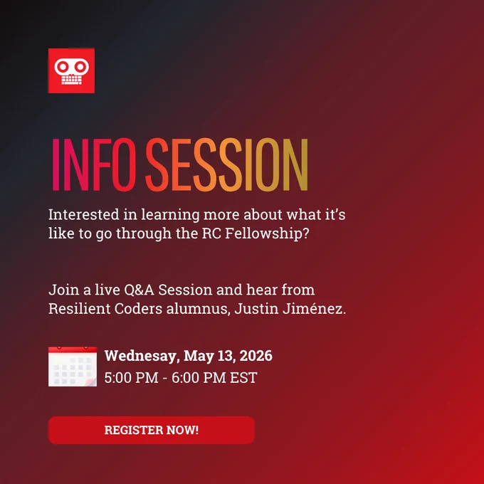 RC Logo and Register now button. Text: Info session. Interested in learning more about what it's like to go through the RC Fellowshio? Join a live Q&A Session and hear from Resilient Coders alumnus Justin Jimenez.