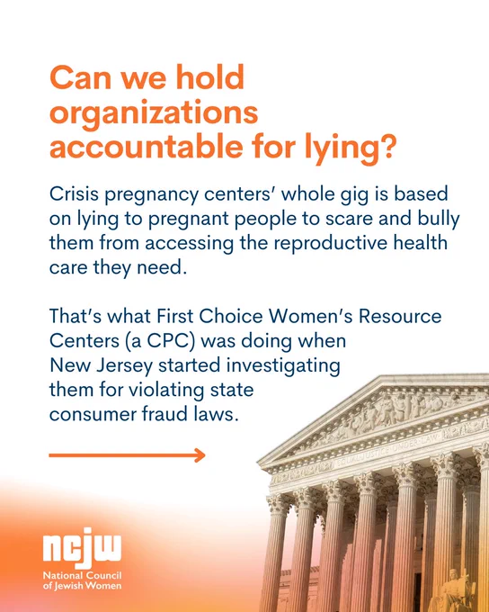 Can we hold organizations accountable for lying?

Crisis pregnancy centers’ whole gig is based on lying to pregnant people to scare and bully them from accessing the reproductive health care they need. 

That’s what First Choice Women’s Resource Centers (a CPC) was doing when  New Jersey started investigating 
them for violating state  consumer fraud laws. 


