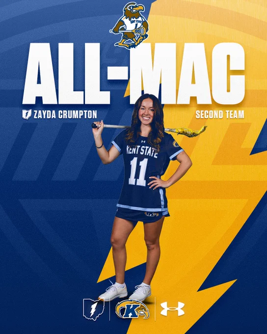This image features an individual in a Kent State University sports uniform holding a lacrosse stick. The background displays the text "ALL-MAC Second Team" with logos of Kent State and the Mid-American Conference (MAC).
