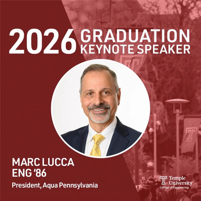 This is an announcement for the 2026 graduation keynote speaker at Temple University College of Engineering. The featured speaker is Marc Lucca, President of Aqua Pennsylvania, and an engineering graduate from the class of 1986.