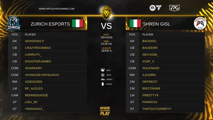 🔥 Promoted Match
🎥 @EASPORTSFC 11v11 Clubs

🦁 @zurich_esports 🆚 @GislXIX 🎮

🏆 @VPGItaly Serie A 🇮🇹
🎙️ @reds1095 
📺 Live 22:30 - twitch.tv/VPGItaly

👥 @zurich_esports XI
@IShxdow17I
@Cr4zyRoombaX
@xRealManu
@Dadoizzi1
@xDarkKry
@Noizeymyb14
@___xDiego___
@BP_AleLeo 
@RemindDadde
@Lisu_9x
@yngDanxx

👥 @GislXIX XI
@baghisu
@Baueerrrx 
@DevUG88_
@Xs3Phir0th
@Solenia02
@Ju29r0_
@InsideFrezeer
@AleBroti
@Frittiscampi9
@Filinho10
@Giordy_El_Nino

🙌🏽 Discord: https://discord.gg/dANfKrSCvJ 

#FC26 #ProClubs #EAFC #VPG
#WhereTheChampionsPlay