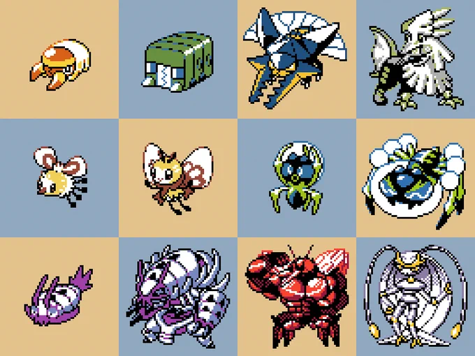 GSC-style sprites of Grubbin, Charjabug, Vikavolt, Bug Silvally, Cutiefly, Ribombee, Dewpider, Araquanid, Wimpod, Golisopod, Buzzwole, and Pheromosa