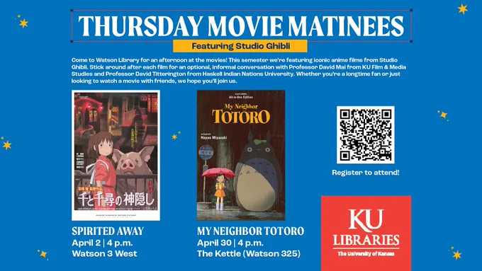 Info graphic showing the final two movies in the Thursday Movie Matinee series from KU Libraries. My Neighbor Totoro will be shown at 4 p.m. on April 30 in Watson 3 West. 