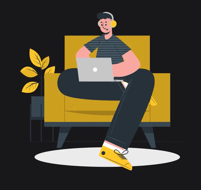 A vector illustration in a modern, flat style shows a man with headphones sitting in an olive yellow armchair. The man is wearing a grey t-shirt, dark trousers, and yellow sneakers, with his left leg crossed over his right. He is looking at and working on a light grey laptop that is resting on his lap. To the left is a potted plant with yellow leaves, and on the ground is a white circular rug. The background is a dark grey.