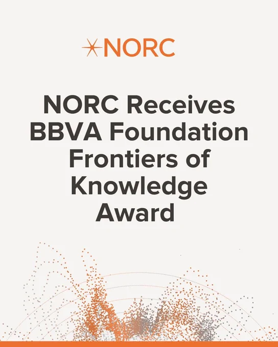 Image announcing that NORC has received the BBVA Foundation Frontiers of Knowledge Award. It features the NORC logo at the top and an abstract design of orange particles at the bottom.