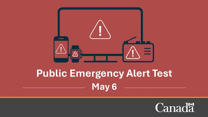 An illustration of a TV, a cellphone, a smartwatch, and a radio with the warning right icon on each screen. Text: Public Emergency Alert Test. May 6.