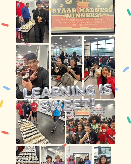 The image contains six smaller photos of students enjoying their cupcakes at "Staar Madness Winners!" event. The text on the screen says “learning is sweet”
